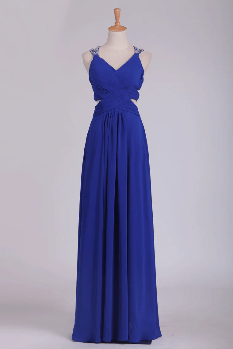 A Line Party Dresses Spaghetti Straps Chiffon With Ruffles And Beads Open Back