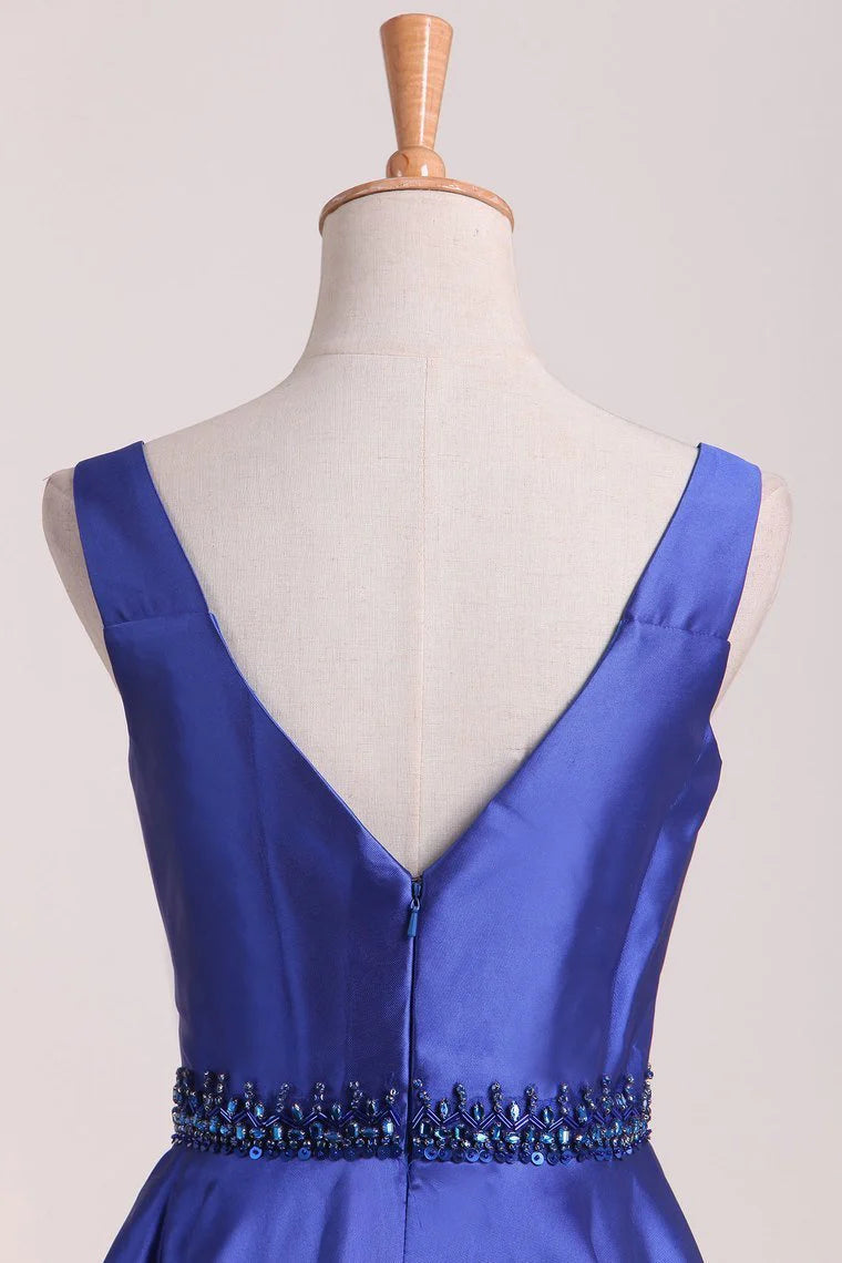 A Line Party Dresses Straps Beaded Waistline Satin Floor Length