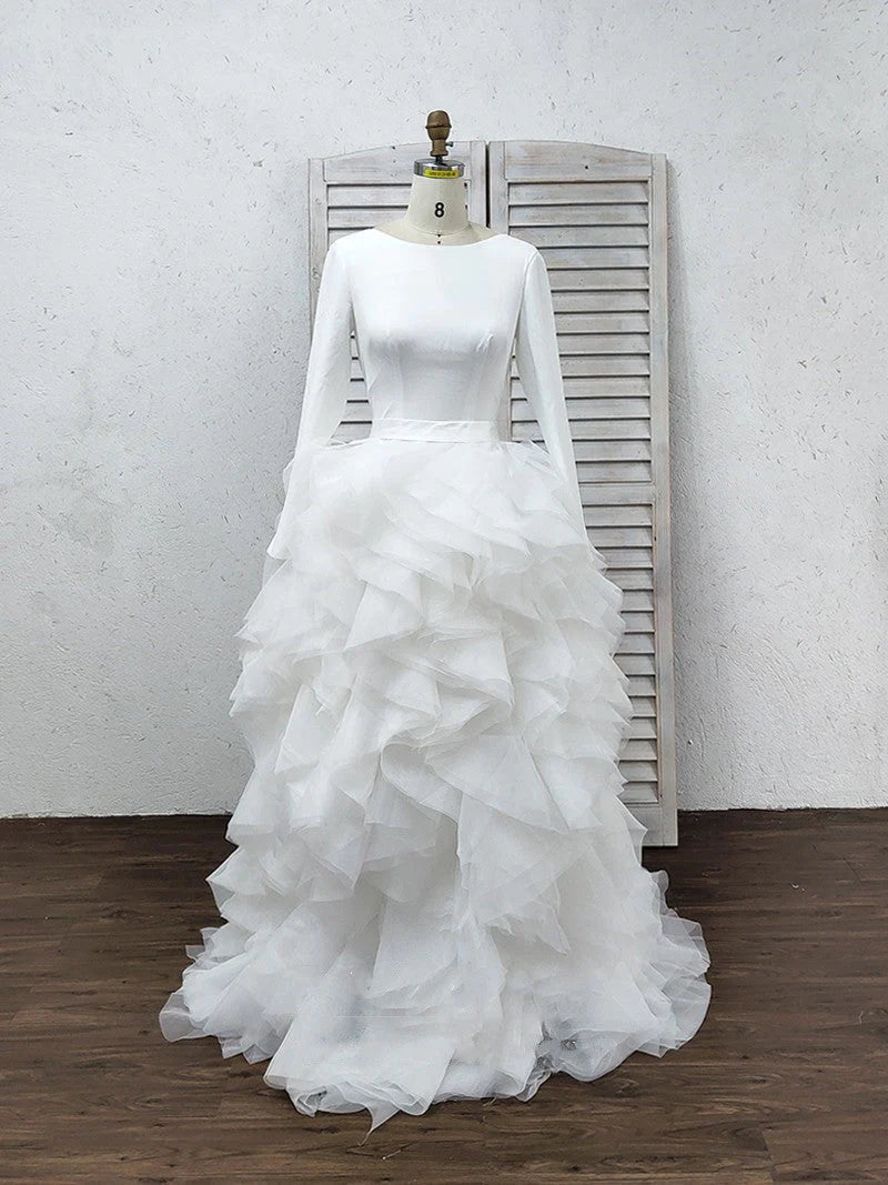 A-Line/Princess Tulle Ruffles Scoop Long Sleeves Sweep/Brush Train Wedding Dresses