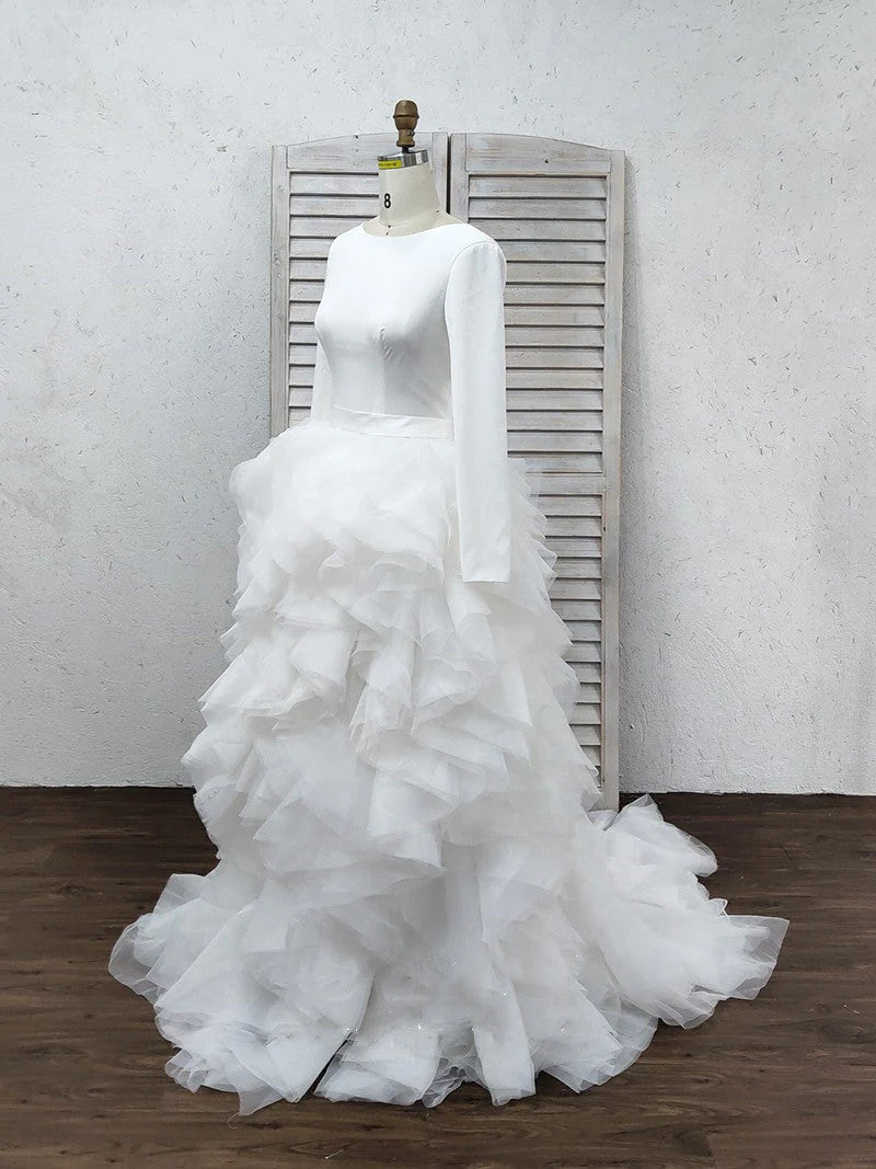 A-Line/Princess Tulle Ruffles Scoop Long Sleeves Sweep/Brush Train Wedding Dresses