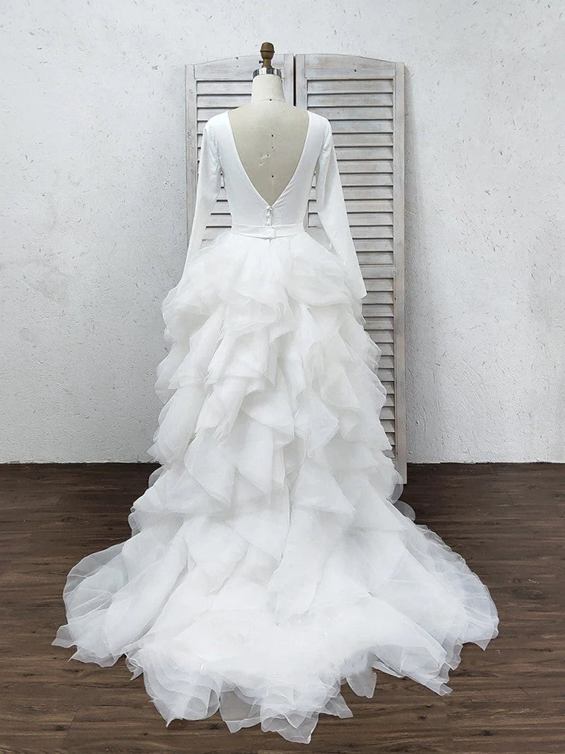A-Line/Princess Tulle Ruffles Scoop Long Sleeves Sweep/Brush Train Wedding Dresses