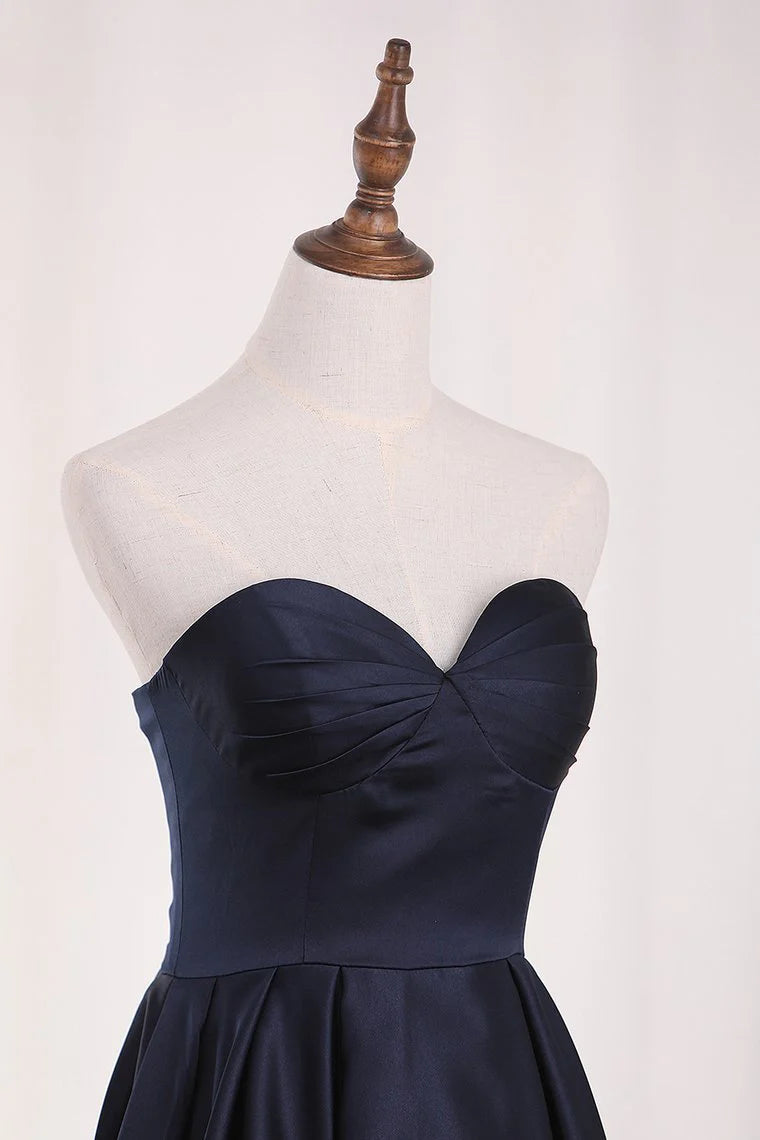 A Line Satin Asymmetrical Sweetheart Party Dresses With Ruffles