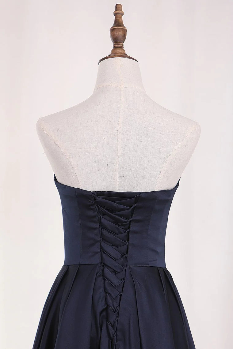 A Line Satin Asymmetrical Sweetheart Party Dresses With Ruffles