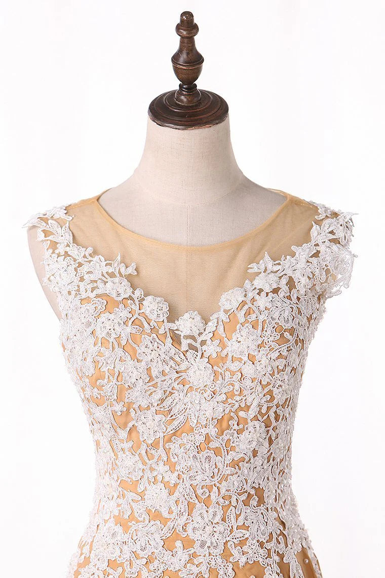 A Line Scoop Party Dresses Chiffon With Applique Floor Length