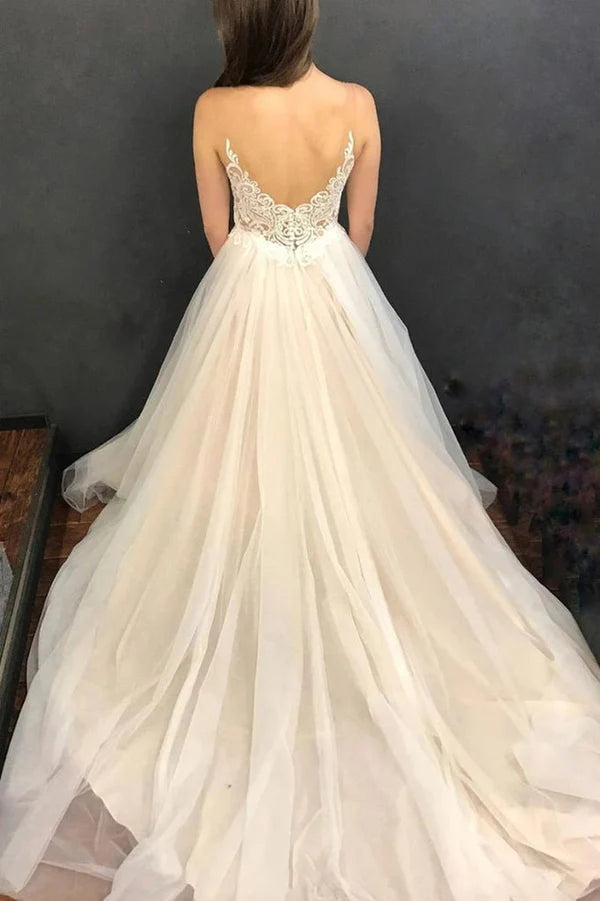 Buyishang A Line Straps Wedding Dress Tulle With Applique Sweep Train