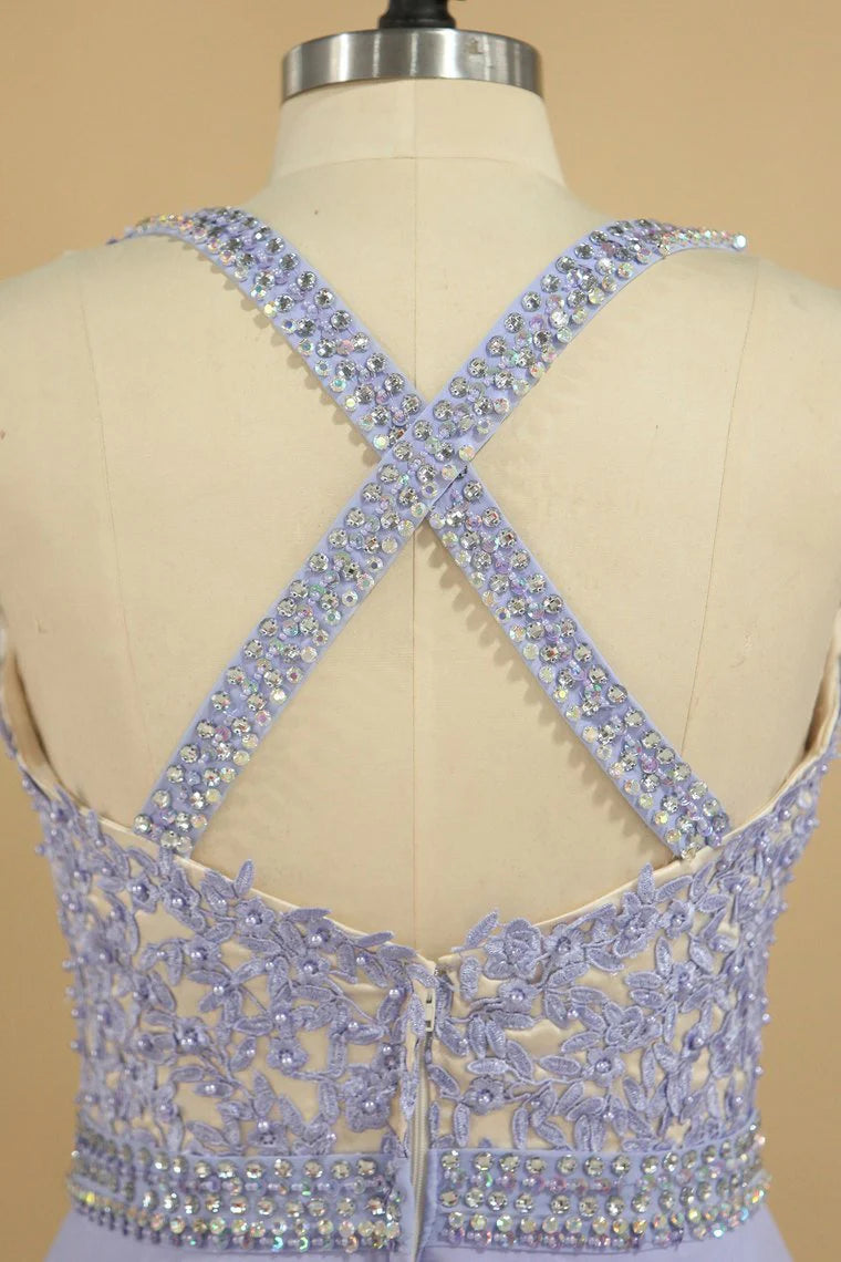 V Neck Party Dresses Chiffon With Applique And Beads