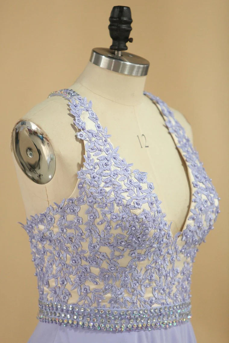 V Neck Party Dresses Chiffon With Applique And Beads