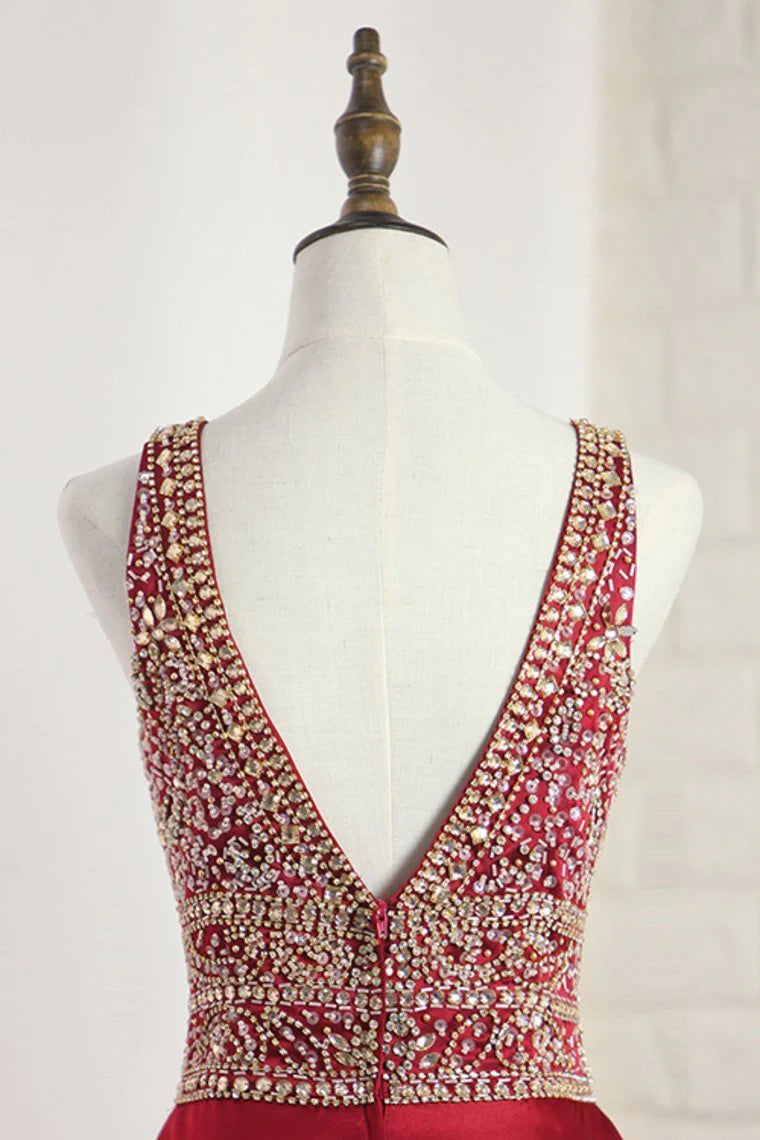 A Line V Neck Satin With Beading Open Back Sweep Train Party Dresses