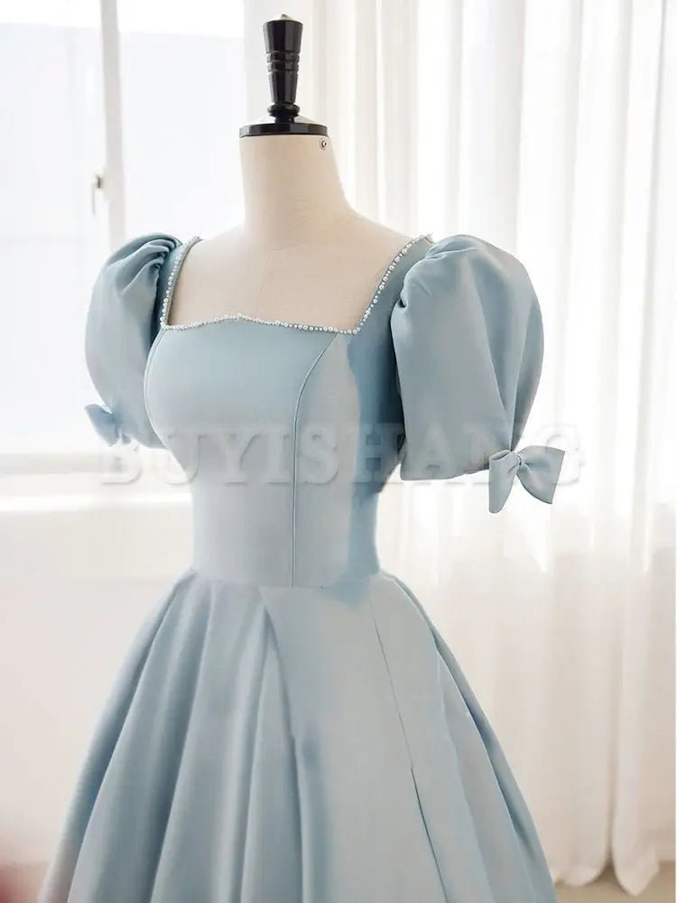 Buyishang A-Line Blue Satin Puffy Sleeve Long Prom Dress Blue Formal Dresses Bridesmaid dress shop