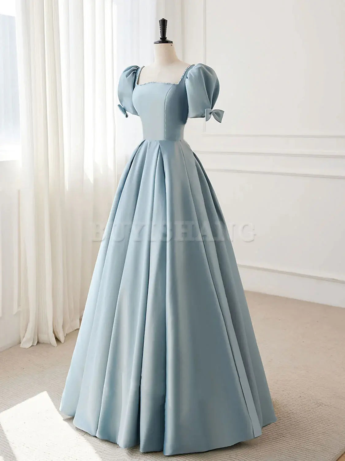 Buyishang A-Line Blue Satin Puffy Sleeve Long Prom Dress Blue Formal Dresses prom dresses shops