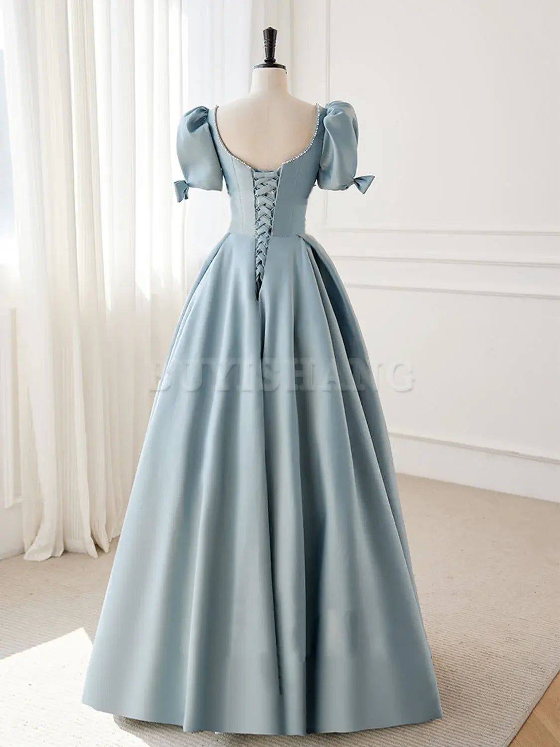Buyishang A-Line Blue Satin Puffy Sleeve Long Prom Dress Blue Formal Dresses prom dresses shops