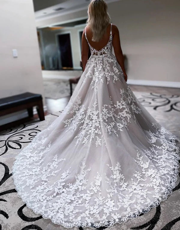 Buyishang A-Line Sweep Train Deep V-Neck Wedding Dress With Appliques
