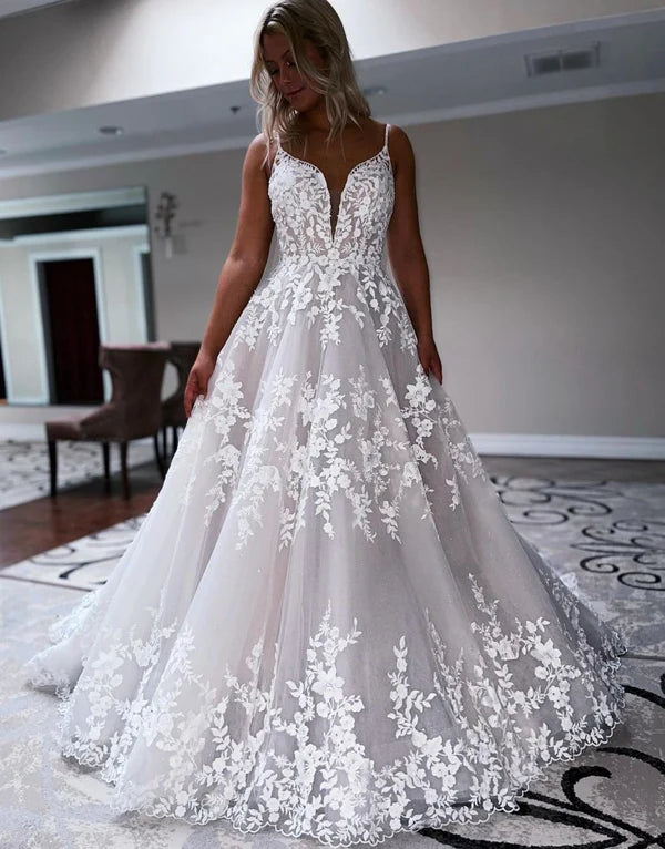 Buyishang A-Line Sweep Train Deep V-Neck Wedding Dress With Appliques