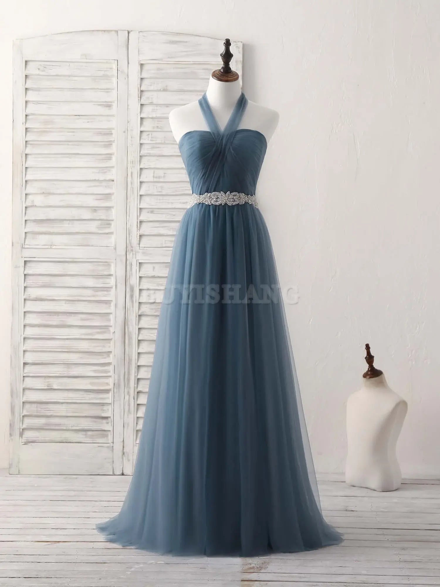 Buyishang A-Line Gray Blue Tulle Long Bridesmaid Dress Gray Blue Prom Dress Bridesmaid dress shop