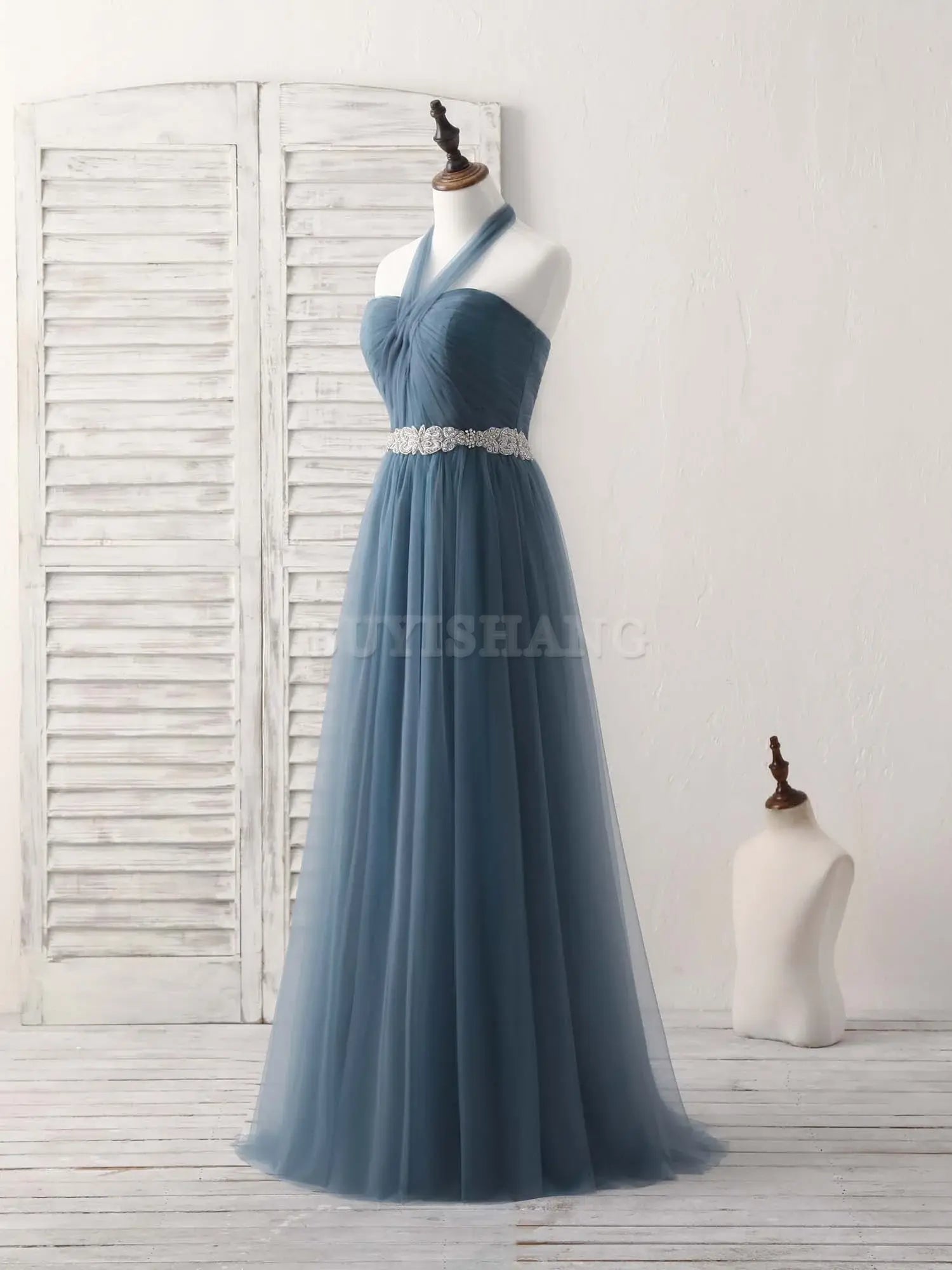 Buyishang A-Line Gray Blue Tulle Long Bridesmaid Dress Gray Blue Prom Dress Bridesmaid dress shop