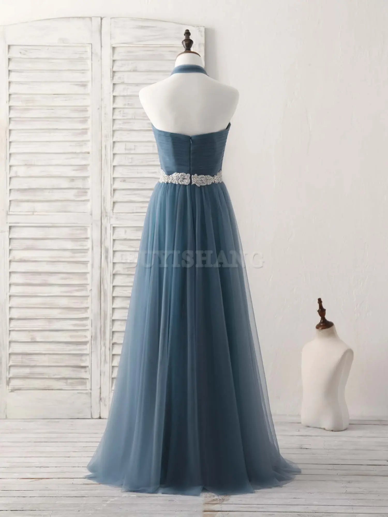 Buyishang A-Line Gray Blue Tulle Long Bridesmaid Dress Gray Blue Prom Dress Bridesmaid dress shop