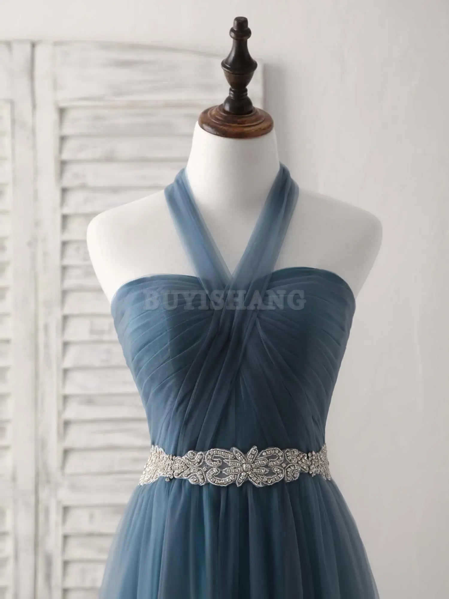 Buyishang A-Line Gray Blue Tulle Long Bridesmaid Dress Gray Blue Prom Dress Bridesmaid dress shop