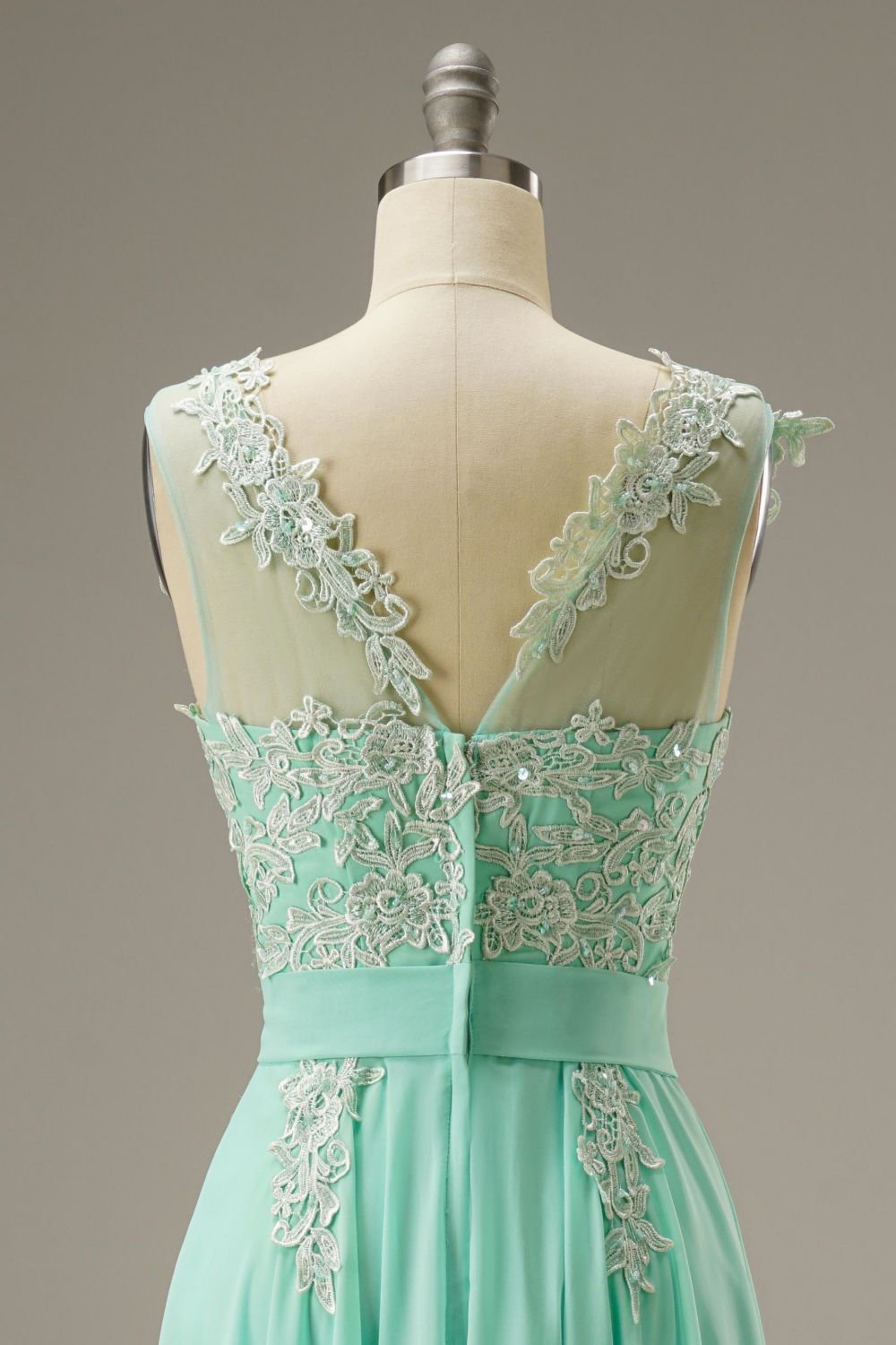 A-Line Illusion Chiffon Long Dress WIth Appliques