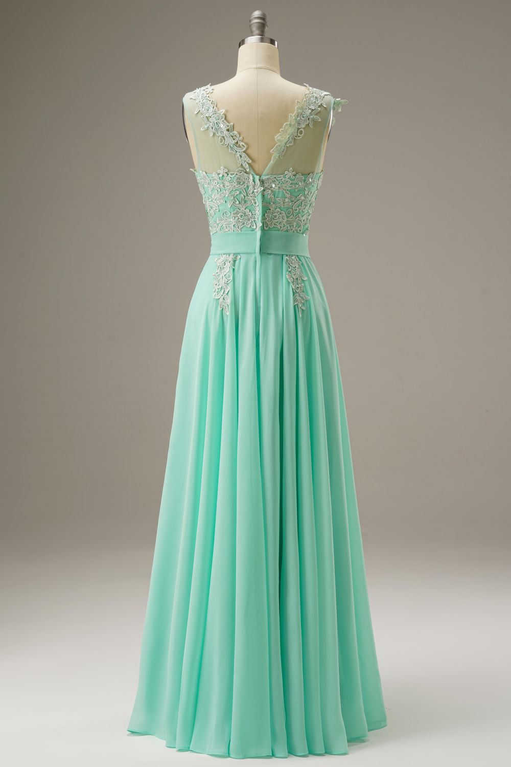 A-Line Illusion Chiffon Long Dress WIth Appliques