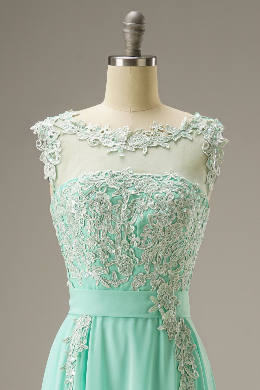 A-Line Illusion Chiffon Long Dress WIth Appliques