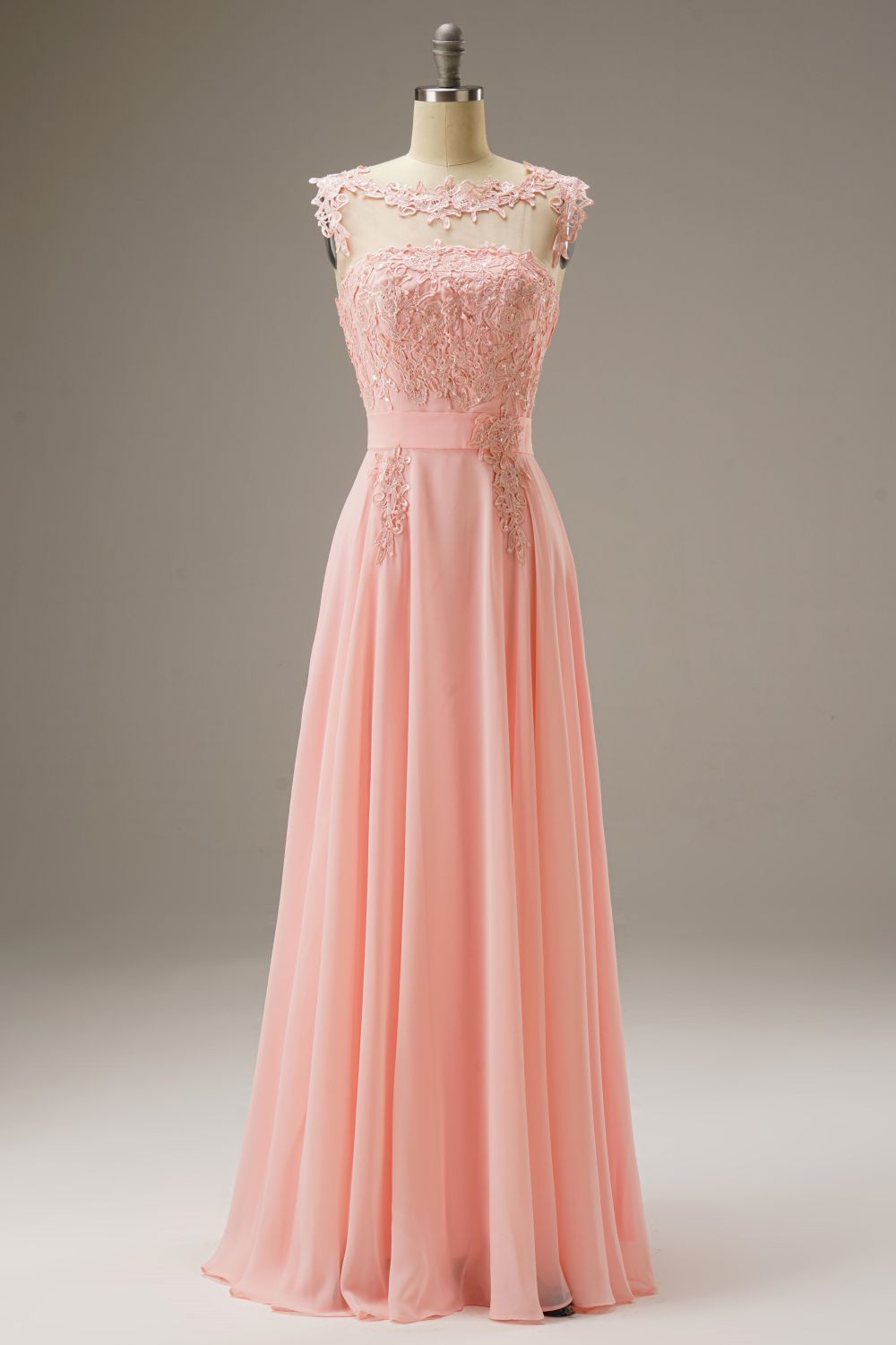 A-Line Illusion Chiffon Long Dress WIth Appliques