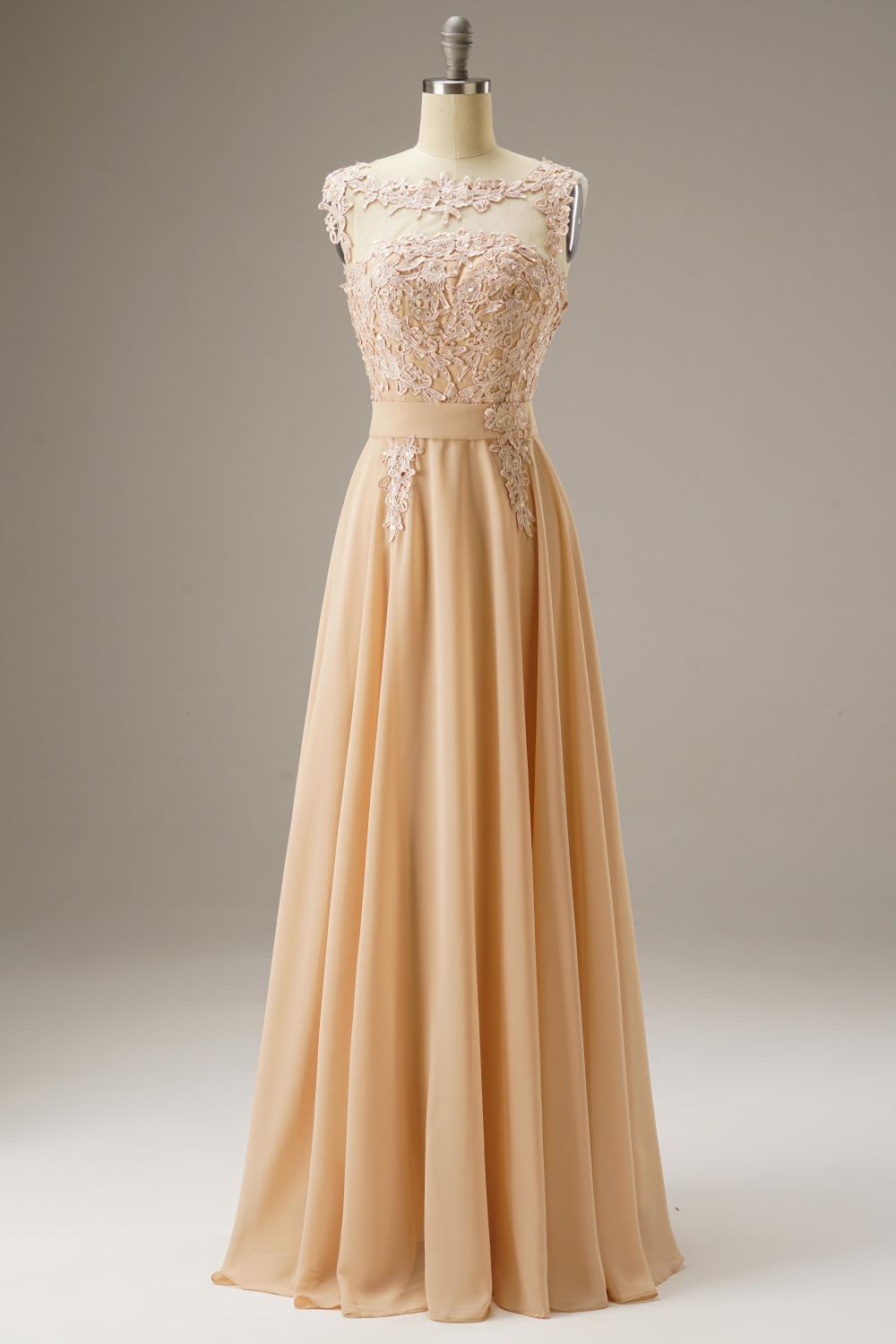 A-Line Illusion Chiffon Long Dress WIth Appliques