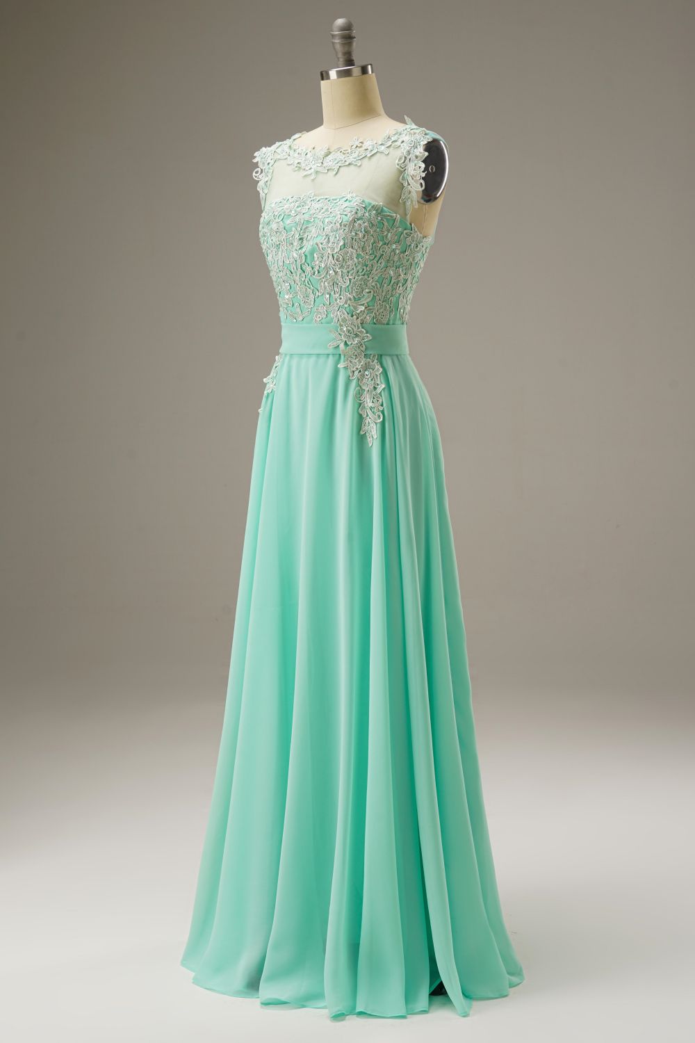 A-Line Illusion Chiffon Long Dress WIth Appliques