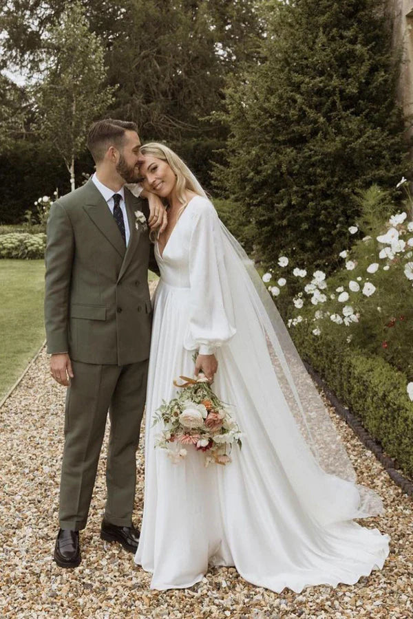 Buyishang A-Line Long Sleeves Satin Wedding Dresses with V Neck