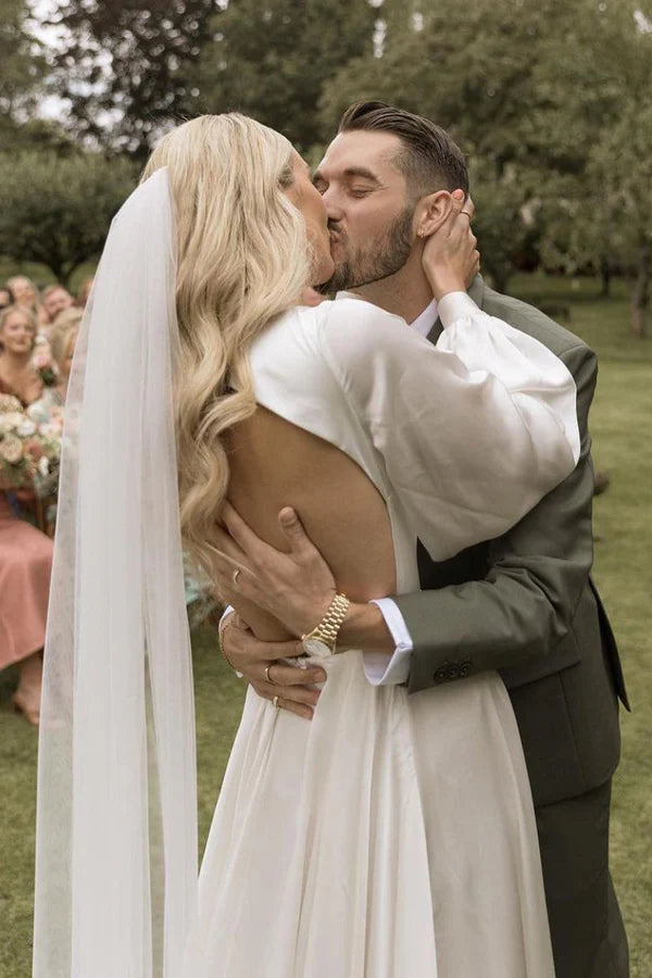 Buyishang A-Line Long Sleeves Satin Wedding Dresses with V Neck