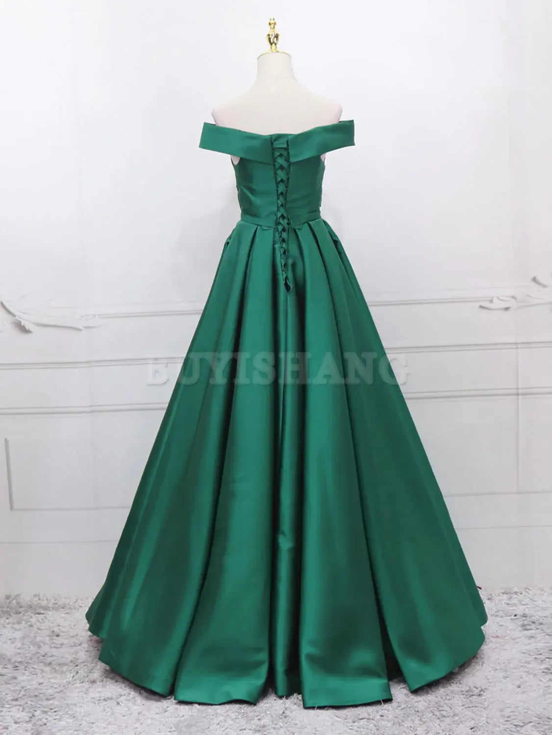 Buyishang A-Line Off Shoulder Green Satin Long Prom Dresses Green Evening Dresses prom dresses shops