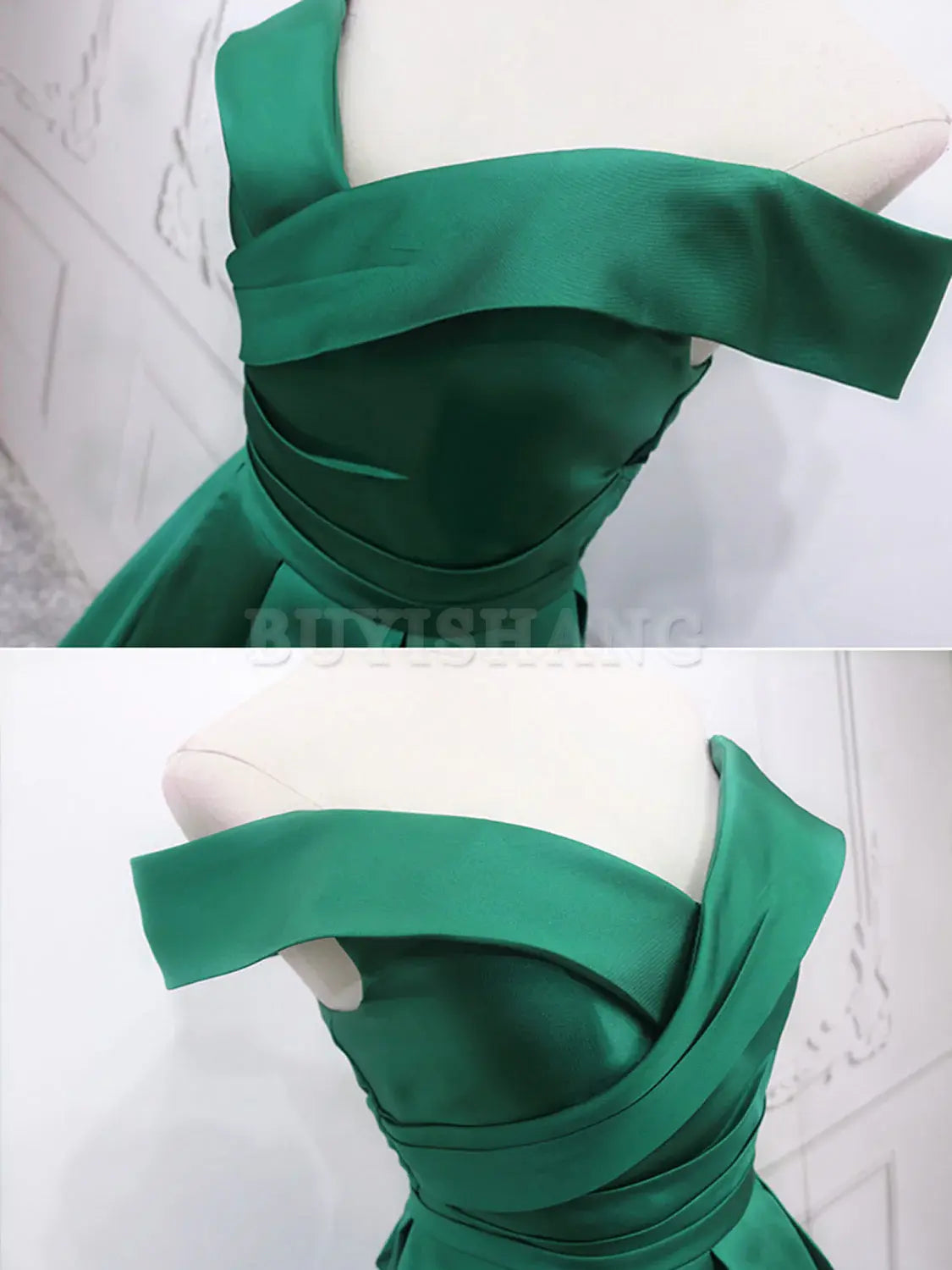 Buyishang A-Line Off Shoulder Green Satin Long Prom Dresses Green Evening Dresses prom dresses shops