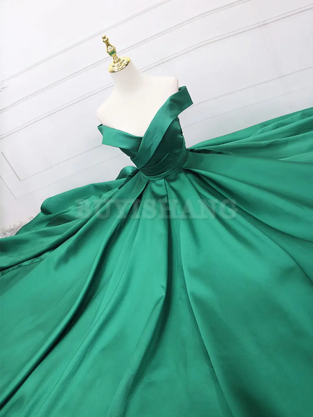 Buyishang A-Line Off Shoulder Green Satin Long Prom Dresses Green Evening Dresses prom dresses shops
