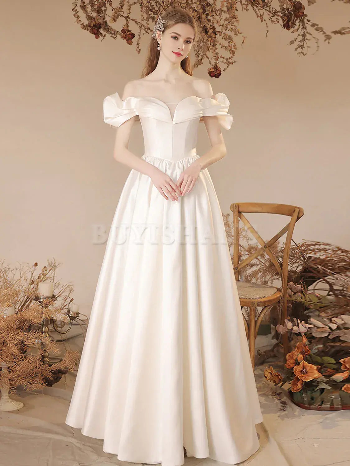 Buyishang A-Line Off Shoulder Satin Beige Long Prom Dress Beige Formal Evening Dress prom dresses shops ﻿