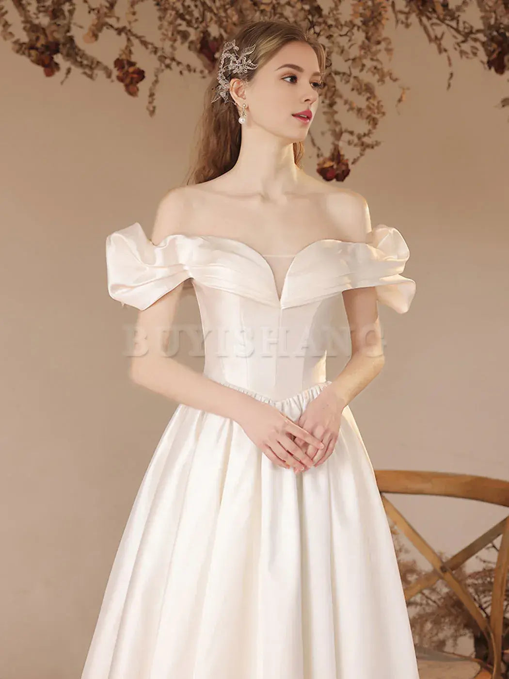 Buyishang A-Line Off Shoulder Satin Beige Long Prom Dress Beige Formal Evening Dress prom dresses shops ﻿