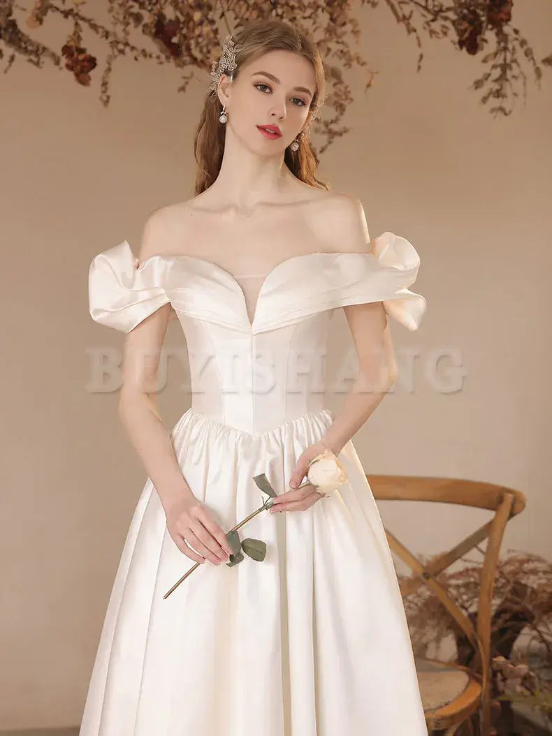 Buyishang A-Line Off Shoulder Satin Beige Long Prom Dress Beige Formal Evening Dress prom dresses shops ﻿