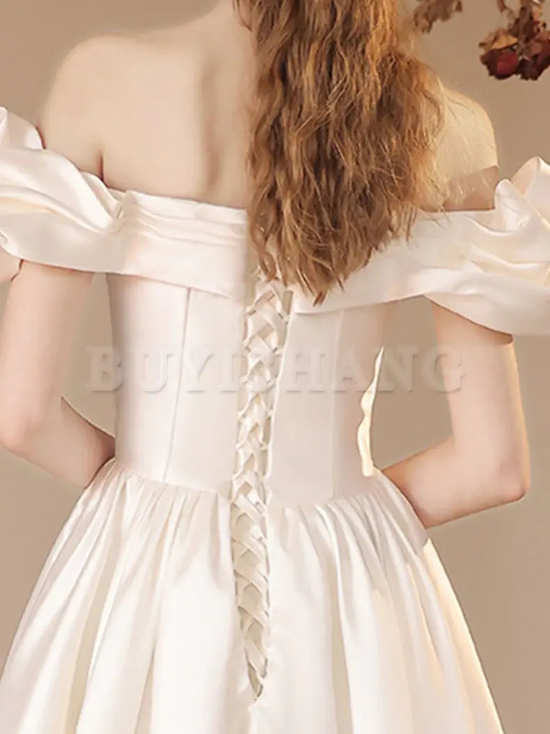 Buyishang A-Line Off Shoulder Satin Beige Long Prom Dress Beige Formal Evening Dress prom dresses shops ﻿