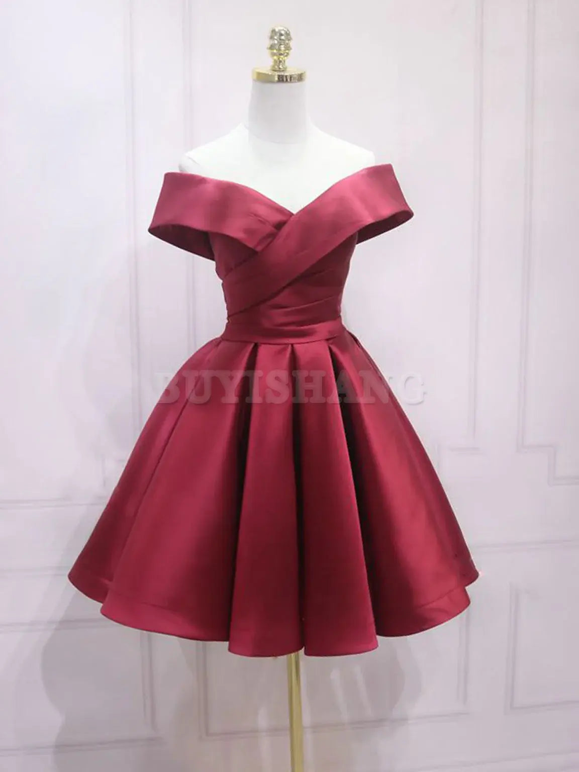 Buyishang A-Line Off Shoulder Satin Burgundy Short Prom Dress Burgundy Homecoming Dress prom dresses shops ﻿