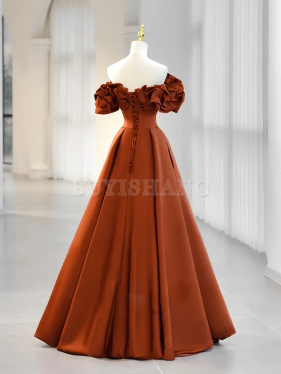 Buyishang A-Line Off Shoulder Satin Orange Long Prom Dress Orange Formal Evening Dress prom dresses shops