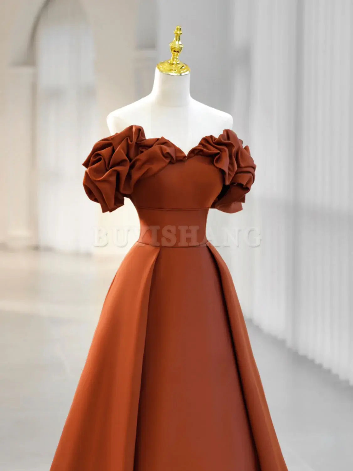 Buyishang A-Line Off Shoulder Satin Orange Long Prom Dress Orange Formal Evening Dress prom dresses shops