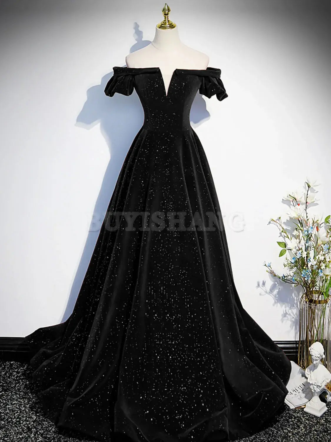 Buyishang A-Line Off Shoulder Velvet Black Long Prom Dresses Black Formal Evening Dress prom dresses shops