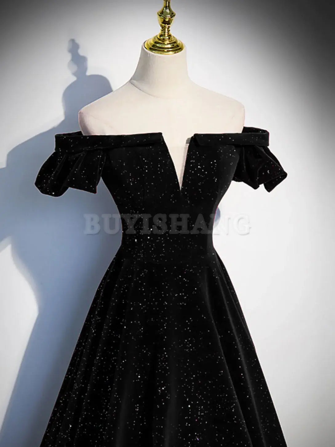Buyishang A-Line Off Shoulder Velvet Black Long Prom Dresses Black Formal Evening Dress prom dresses shops