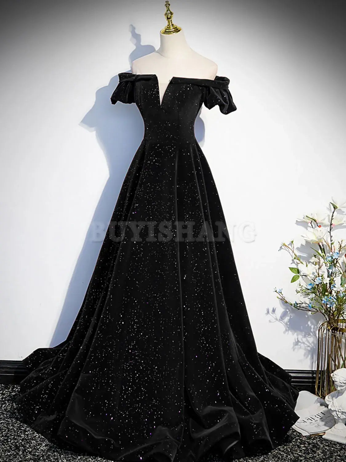 Buyishang A-Line Off Shoulder Velvet Black Long Prom Dresses Black Formal Evening Dress prom dresses shops