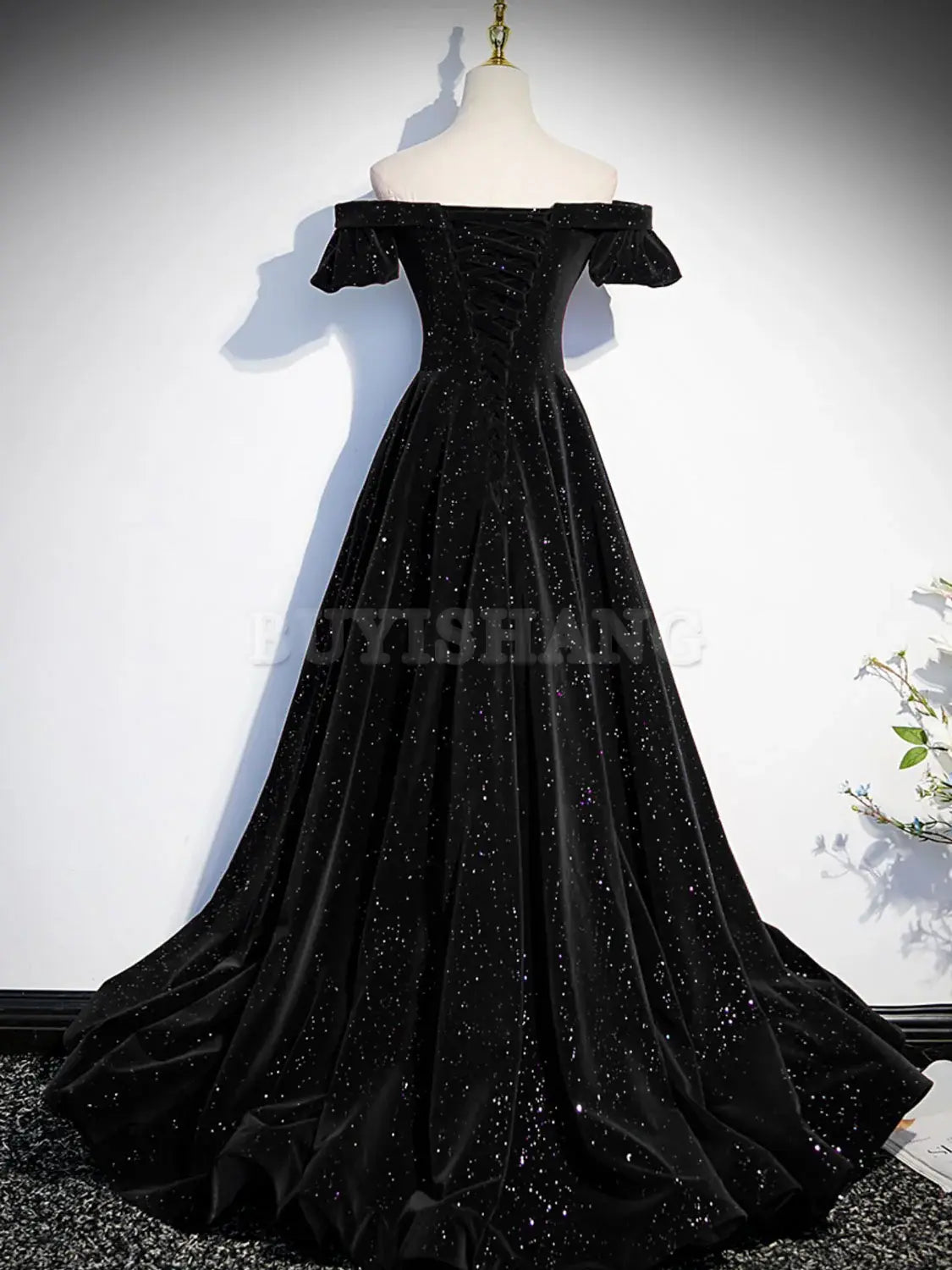 Buyishang A-Line Off Shoulder Velvet Black Long Prom Dresses Black Formal Evening Dress prom dresses shops