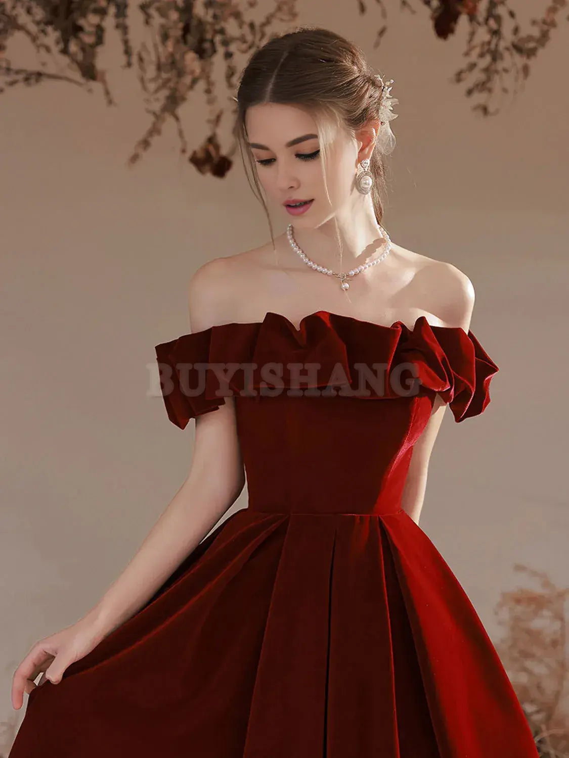 Buyishang A-Line Off Shoulder Velvet Burgundy Long Prom Dress Burgundy Evening Dresses prom dresses shops