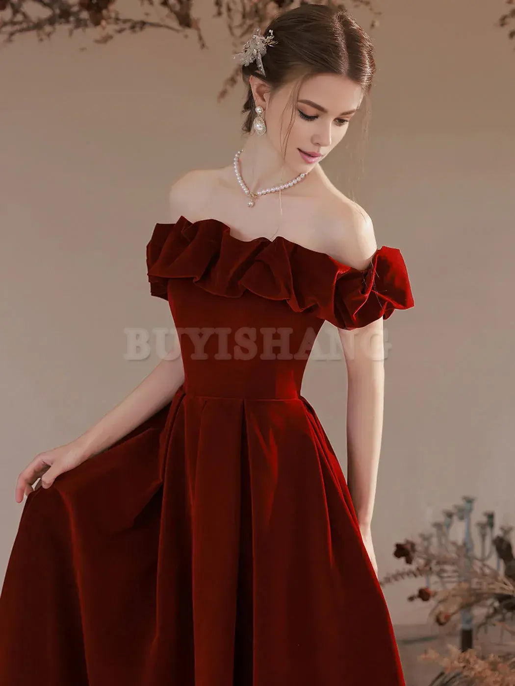 Buyishang A-Line Off Shoulder Velvet Burgundy Long Prom Dress Burgundy Evening Dresses prom dresses shops