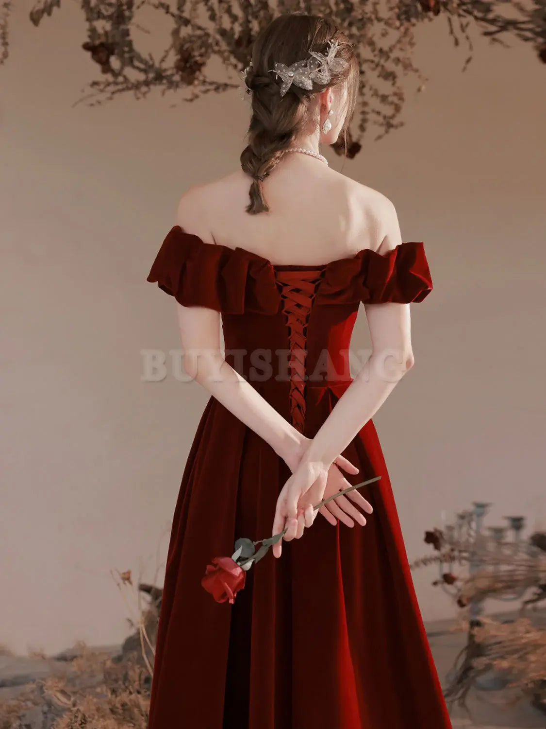 Buyishang A-Line Off Shoulder Velvet Burgundy Long Prom Dress Burgundy Evening Dresses prom dresses shops