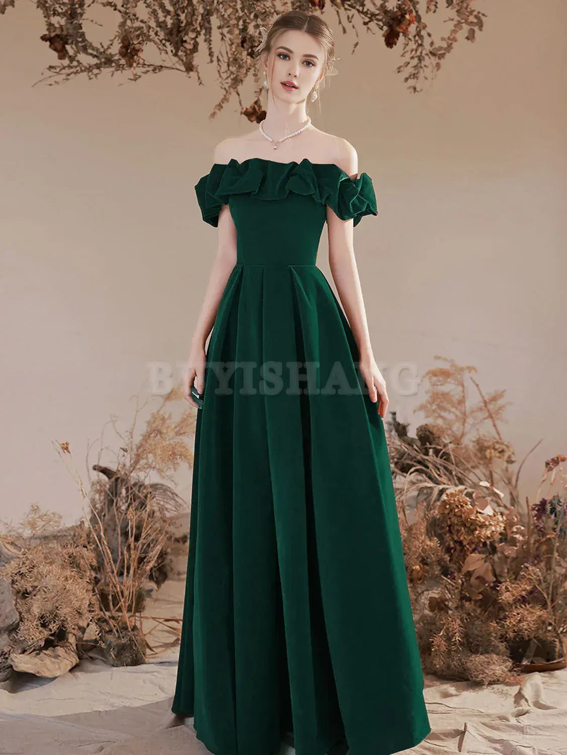 Buyishang A-Line Off Shoulder Velvet Green Long Prom Dress Green Formal Evening Dress prom dresses shops