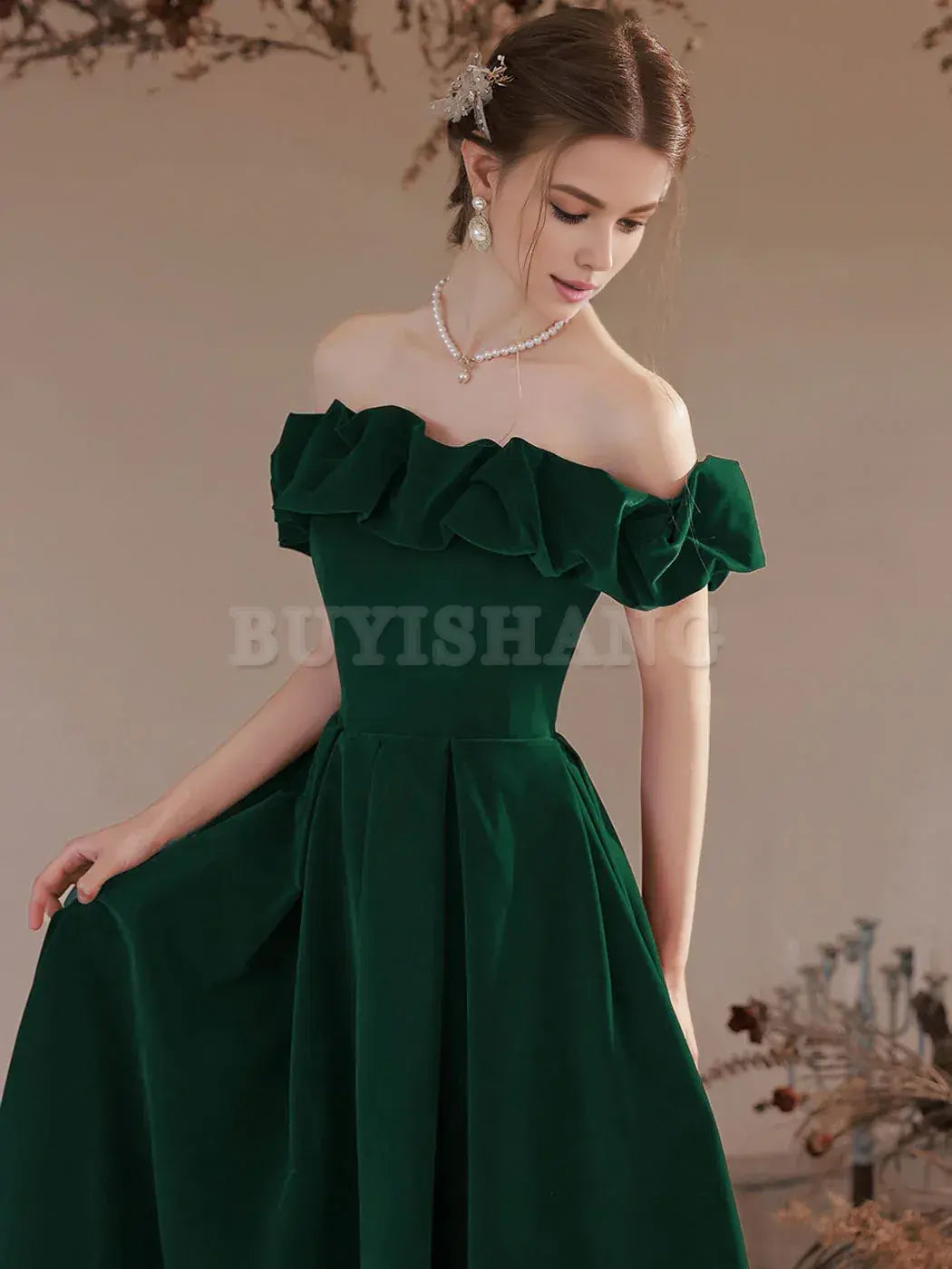 Buyishang A-Line Off Shoulder Velvet Green Long Prom Dress Green Formal Evening Dress prom dresses shops