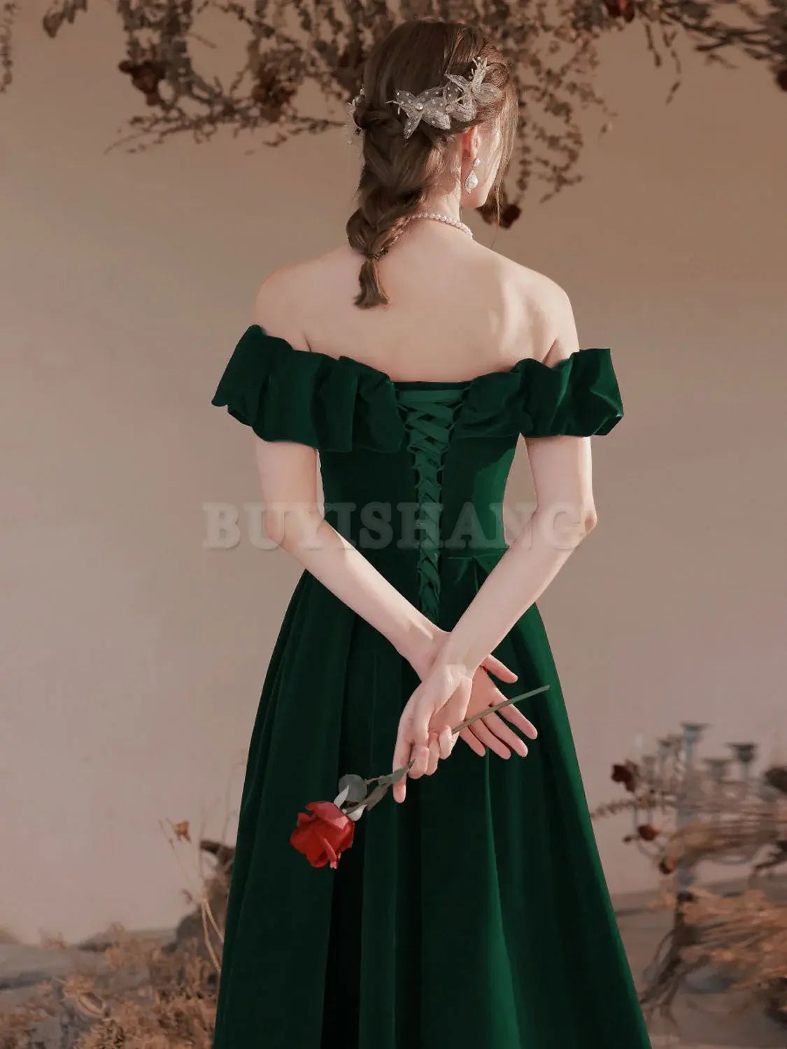 Buyishang A-Line Off Shoulder Velvet Green Long Prom Dress Green Formal Evening Dress prom dresses shops