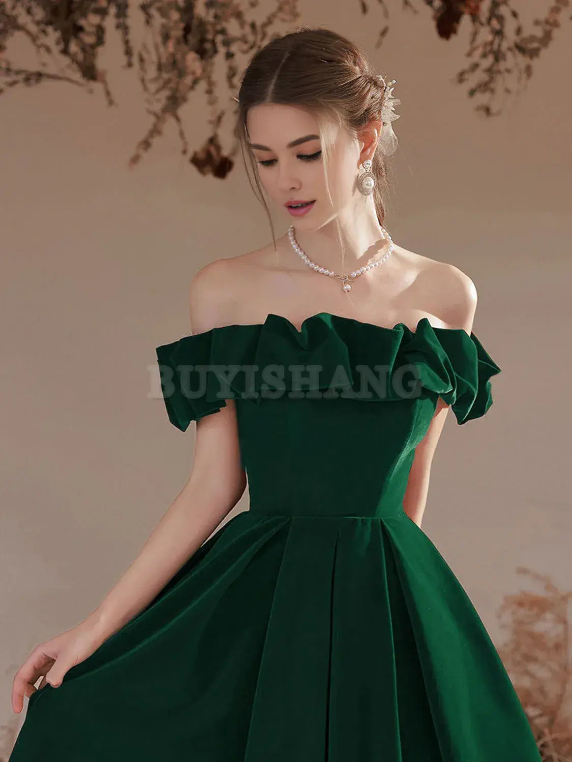 Buyishang A-Line Off Shoulder Velvet Green Long Prom Dress Green Formal Evening Dress prom dresses shops